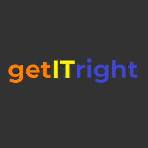getITright logo. Orange get, yellow IT, blue right